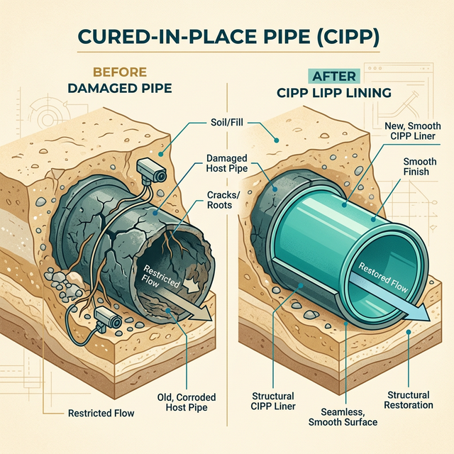 Technical illustration showing CIPP pipe lining process - damaged old pipe with smooth new resin liner installed inside