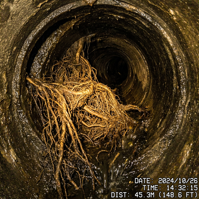 Sewer camera inspection footage showing dense tree root intrusion inside a residential pipe