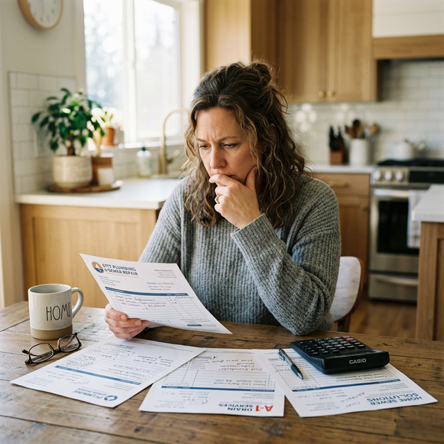 Homeowner reviewing sewer repair estimates at kitchen table with calculator and paperwork