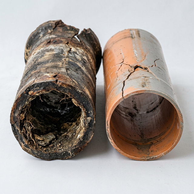 Cross-section of damaged clay sewer pipe showing cracks and corrosion compared to new PVC pipe