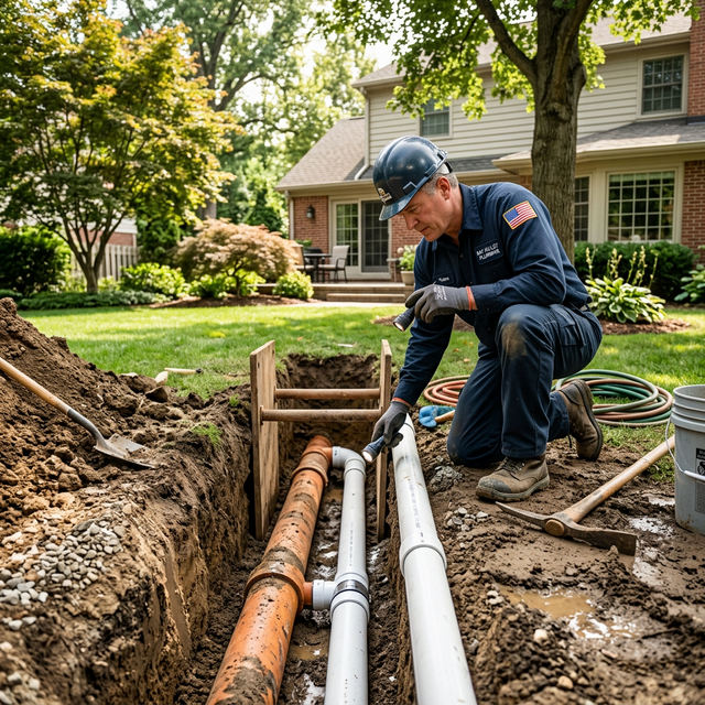 Professional plumber inspecting an open sewer trench in a residential backyard showing clay and PVC pipes