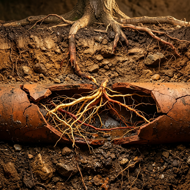Underground cross-section showing tree roots infiltrating and cracking a clay sewer pipe in rich soil
