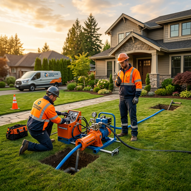 Trenchless pipe bursting equipment operating at a residential property with two small access pits in a green lawn